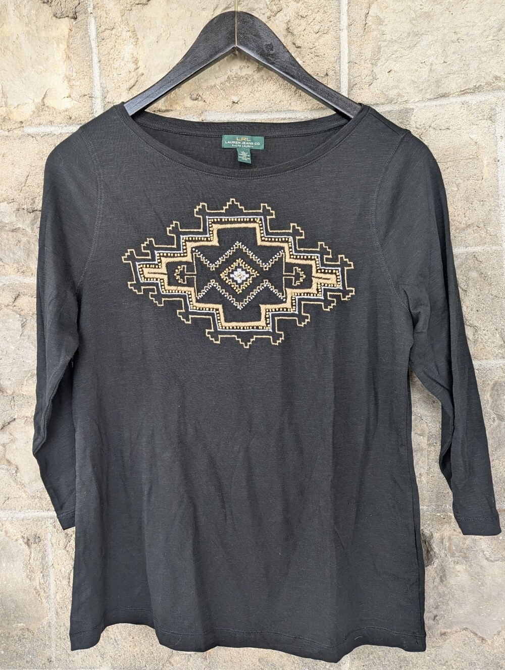 RALPH LAUREN Vintage Black 3/4-Sleeve Top with Geometric Embroidery And Beading